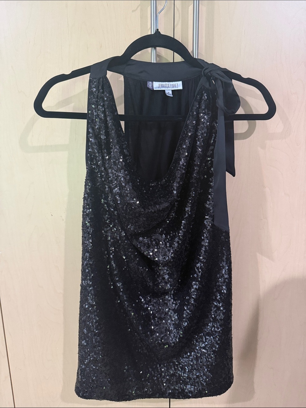 Jennifer Lopez Black Sequin Cowl Mini Dress with Shoulder Tie